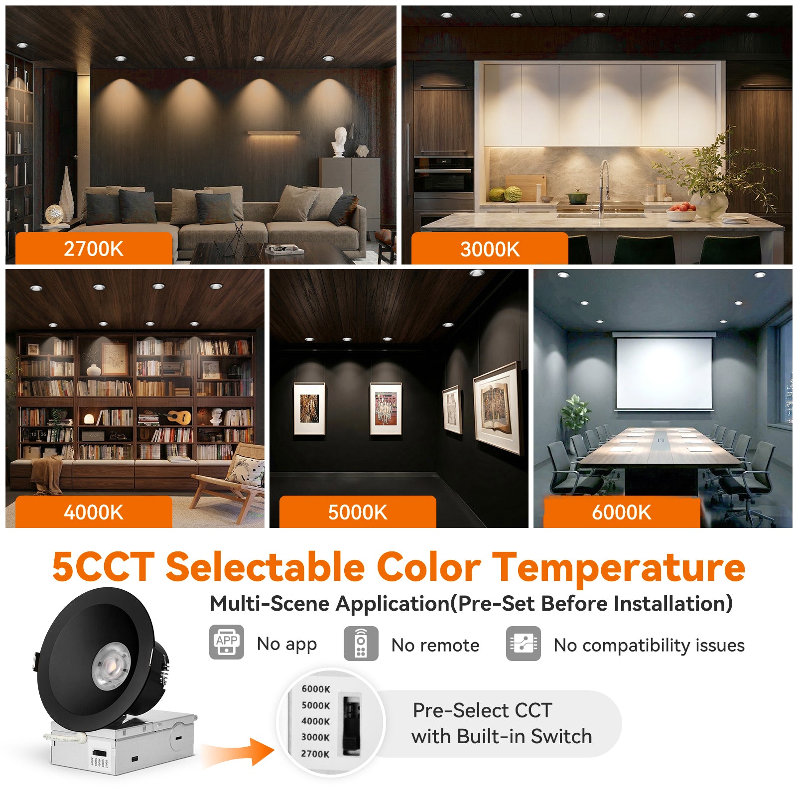 ComiLED 6/12pack Black 4 Inch Recessed Lights, Anti-Glare COB Canless Ceiling Spotlight, 5CCT Selectable 2700K-6000K, 130lm/W, RA95 Small Exterior Soffit Lights, 16W, Dimmable, ETL, IP44 Damp Rated