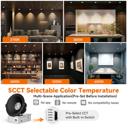 ComiLED 6/12pack Black 4 Inch Recessed Lights, Anti-Glare COB Canless Ceiling Spotlight, 5CCT Selectable 2700K-6000K, 130lm/W, RA95 Small Exterior Soffit Lights, 16W, Dimmable, ETL, IP44 Damp Rated