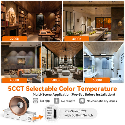 ComiLED 6/12pack Bronze 3 Inch Recessed Lights, Anti-Glare COB Canless Ceiling Spotlight, 5CCT Selectable 2700K-6000K, 130lm/W, RA95 Small Exterior Soffit Lights, 12W, Dimmable, ETL, IP44 Damp Rated
