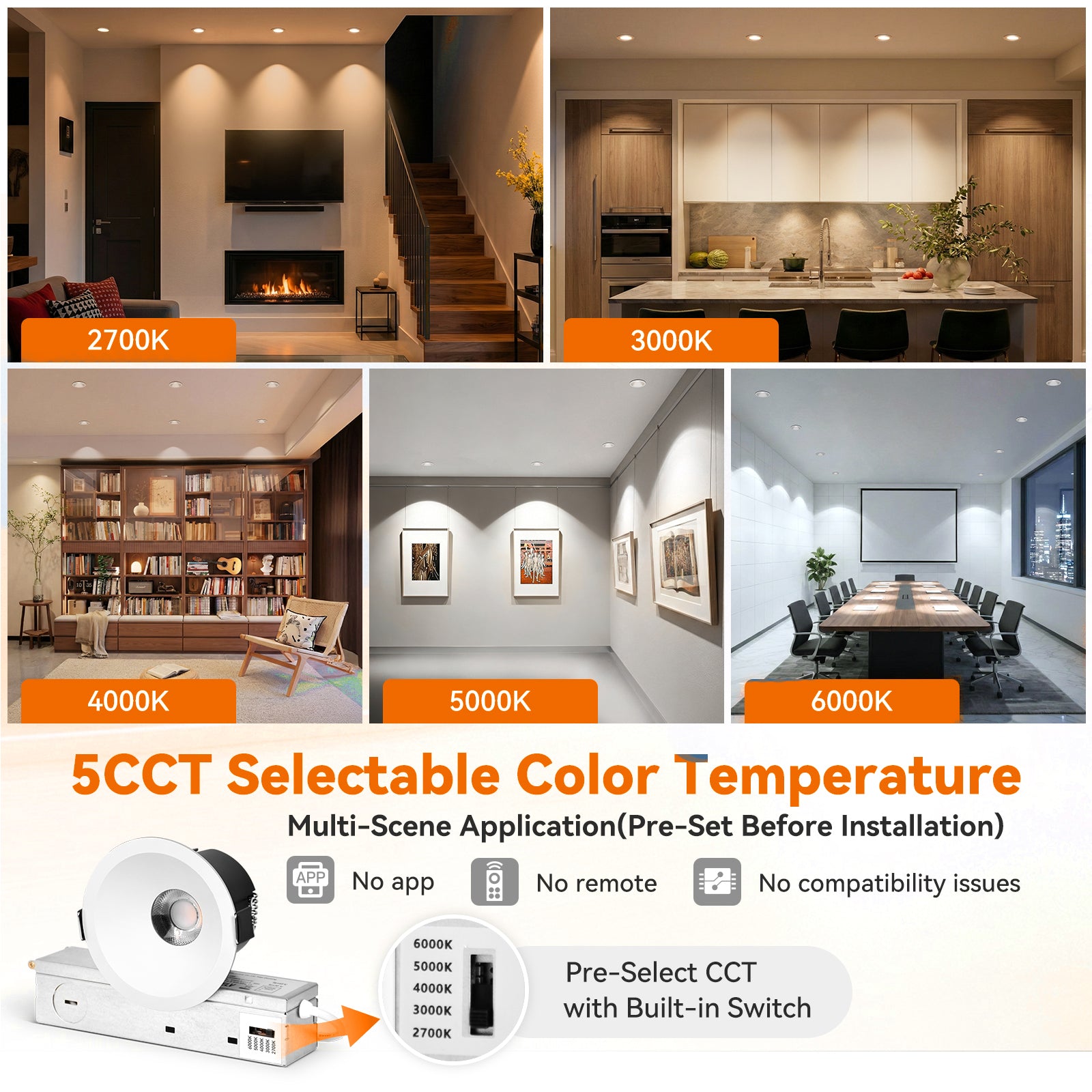 ComiLED 6/12pack White 3 Inch Recessed Lights, Anti-Glare COB Canless Ceiling Spotlight, 5CCT Selectable 2700K-6000K, 130lm/W, RA95 Small Exterior Soffit Lights, 12W, Dimmable, ETL, IP44 Damp Rated