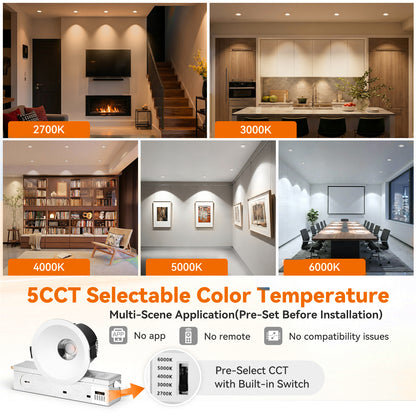 ComiLED 6/12pack White 3 Inch Recessed Lights, Anti-Glare COB Canless Ceiling Spotlight, 5CCT Selectable 2700K-6000K, 130lm/W, RA95 Small Exterior Soffit Lights, 12W, Dimmable, ETL, IP44 Damp Rated