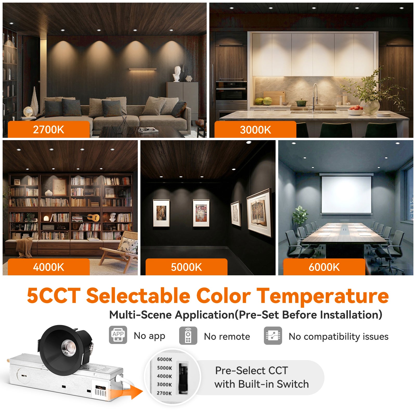 ComiLED 6/12pack Black 2 Inch Recessed Lights, Anti-Glare COB Canless Ceiling Spotlight, 5CCT Selectable 2700K-6000K, 130lm/W, RA95 Small Exterior Soffit Lights, 8W, Dimmable, ETL, IP44 Damp Rated