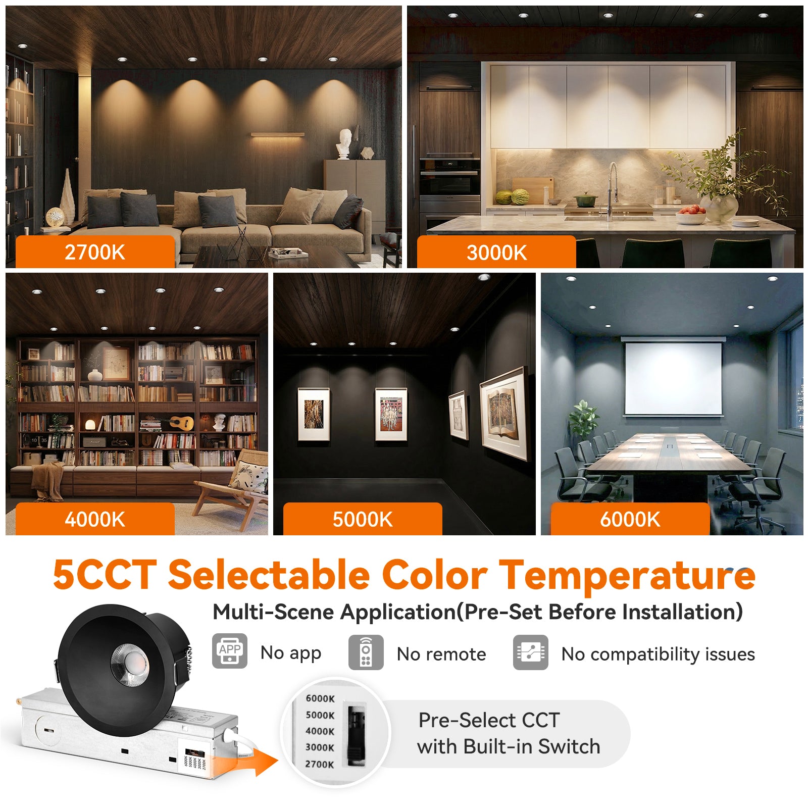 ComiLED 6/12pack Black 3 Inch Recessed Lights, Anti-Glare COB Canless Ceiling Spotlight, 5CCT Selectable 2700K-6000K, 130lm/W, RA95 Small Exterior Soffit Lights, 12W, Dimmable, ETL, IP44 Damp Rated