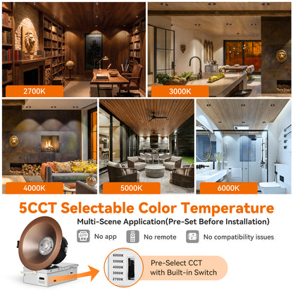 ComiLED 6/12pack Bronze 4 Inch Recessed Lights, Anti-Glare COB Canless Ceiling Spotlight, 5CCT Selectable 2700K-6000K, 130lm/W, RA95 Small Exterior Soffit Lights, 16W, Dimmable, ETL, IP44 Damp Rated