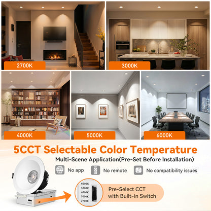 ComiLED 6/12pack White 4 Inch Recessed Lights, Anti-Glare COB Canless Ceiling Spotlight, 5CCT Selectable 2700K-6000K, 130lm/W, RA95 Small Exterior Soffit Lights, 16W, Dimmable, ETL, IP44 Damp Rated