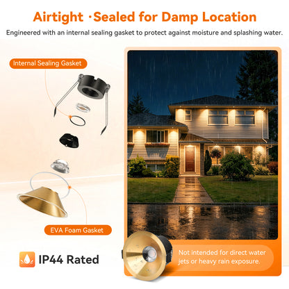 ComiLED 6/12pack Gold 3 Inch Recessed Lights, Anti-Glare COB Canless Ceiling Spotlight, 5CCT Selectable 2700K-6000K, 130lm/W, RA95 Small Exterior Soffit Lights, 12W, Dimmable, ETL, IP44 Damp Rated
