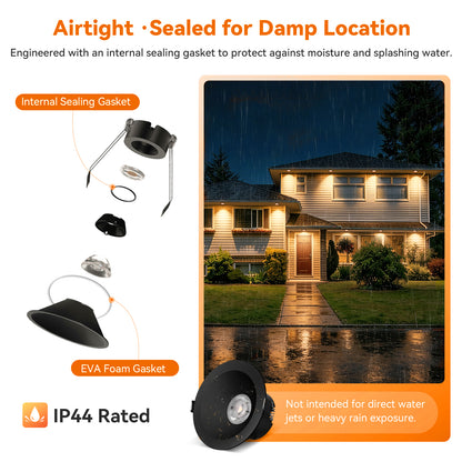 ComiLED 6/12pack Black 4 Inch Recessed Lights, Anti-Glare COB Canless Ceiling Spotlight, 5CCT Selectable 2700K-6000K, 130lm/W, RA95 Small Exterior Soffit Lights, 16W, Dimmable, ETL, IP44 Damp Rated