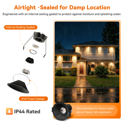 ComiLED 6/12pack Black 2 Inch Recessed Lights, Anti-Glare COB Canless Ceiling Spotlight, 5CCT Selectable 2700K-6000K, 130lm/W, RA95 Small Exterior Soffit Lights, 8W, Dimmable, ETL, IP44 Damp Rated