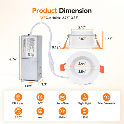 ComiLED 3 Inch White Anti-Glare Recessed LED Downlight with Night Light-2 Pack