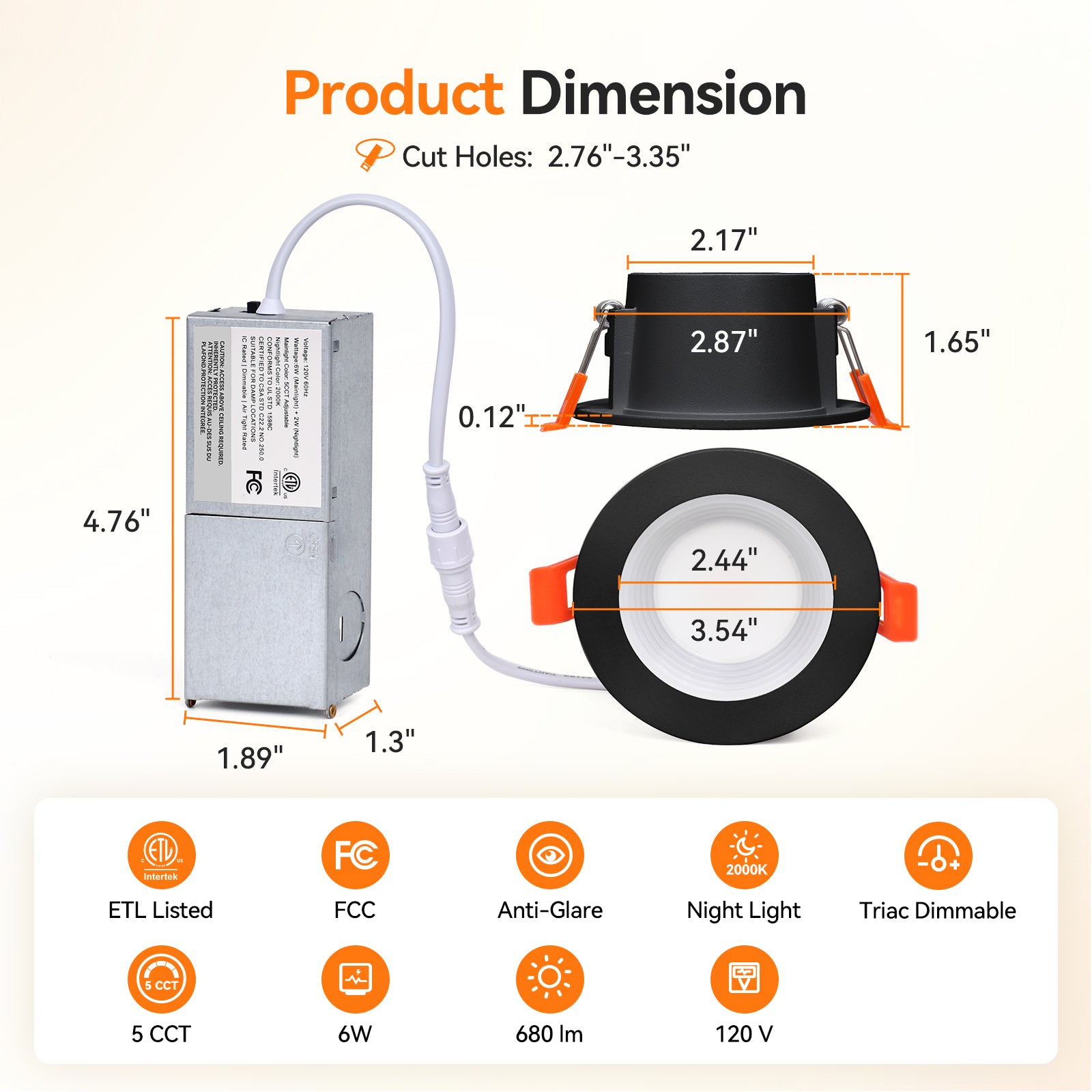 ComiLED 3 Inch Black Anti-Glare Recessed LED Downlight with Night Light-2 Pack