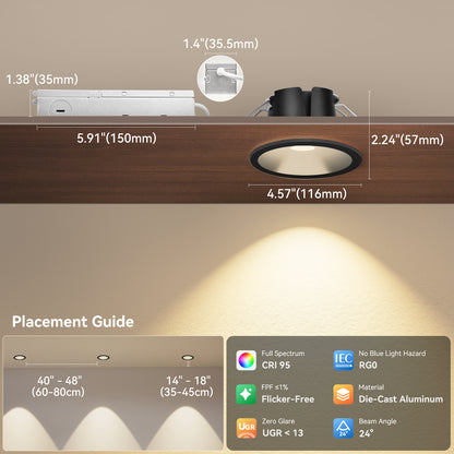 ComiLED 6/12pack Black 4 Inch Recessed Lights, Anti-Glare COB Canless Ceiling Spotlight, 5CCT Selectable 2700K-6000K, 130lm/W, RA95 Small Exterior Soffit Lights, 16W, Dimmable, ETL, IP44 Damp Rated