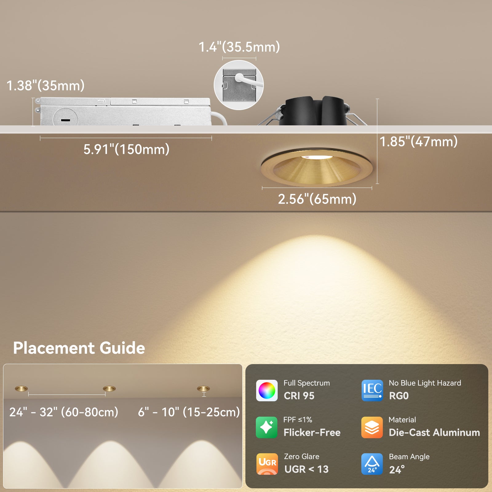 ComiLED 6/12pack Gold 2 Inch Recessed Lights, Anti-Glare COB Canless Ceiling Spotlight, 5CCT Selectable 2700K-6000K, 130lm/W, RA95 Small Exterior Soffit Lights, 8W, Dimmable, ETL, IP44 Damp Rated