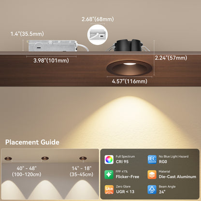ComiLED 6/12pack Bronze 4 Inch Recessed Lights, Anti-Glare COB Canless Ceiling Spotlight, 5CCT Selectable 2700K-6000K, 130lm/W, RA95 Small Exterior Soffit Lights, 16W, Dimmable, ETL, IP44 Damp Rated
