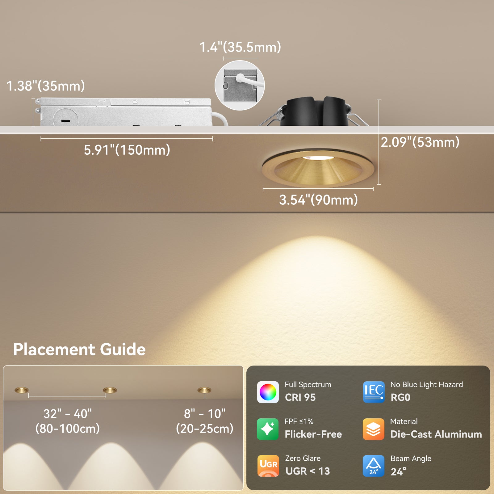 ComiLED 6/12pack Gold 3 Inch Recessed Lights, Anti-Glare COB Canless Ceiling Spotlight, 5CCT Selectable 2700K-6000K, 130lm/W, RA95 Small Exterior Soffit Lights, 12W, Dimmable, ETL, IP44 Damp Rated