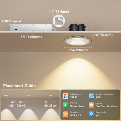 ComiLED 6/12pack White 3 Inch Recessed Lights, Anti-Glare COB Canless Ceiling Spotlight, 5CCT Selectable 2700K-6000K, 130lm/W, RA95 Small Exterior Soffit Lights, 12W, Dimmable, ETL, IP44 Damp Rated