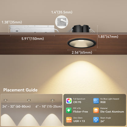 ComiLED 6/12pack Black 2 Inch Recessed Lights, Anti-Glare COB Canless Ceiling Spotlight, 5CCT Selectable 2700K-6000K, 130lm/W, RA95 Small Exterior Soffit Lights, 8W, Dimmable, ETL, IP44 Damp Rated