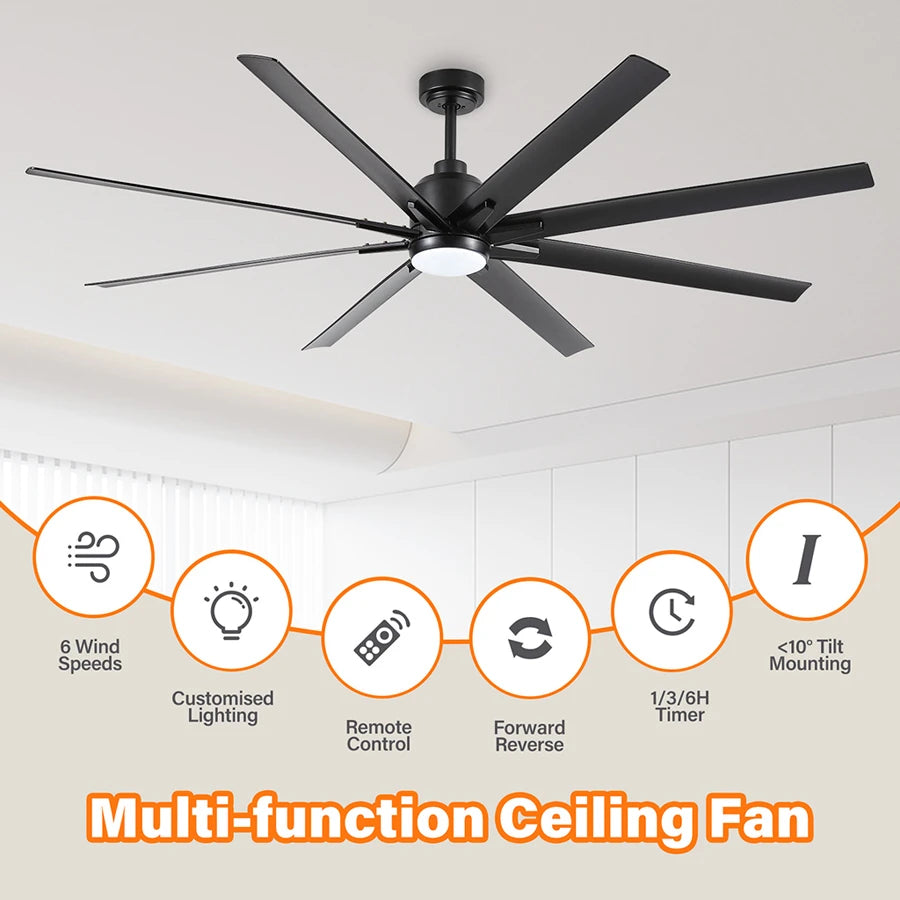 ComiLED 72 Inch Black Ceiling Fan with Light and Remote