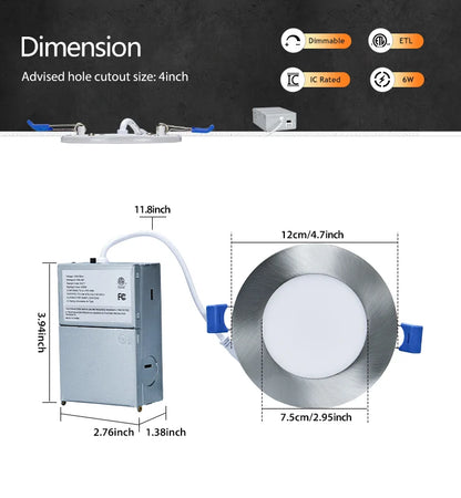 ComiLED 4 Inch Brushed Nickel Recessed Lighting with Night Light 12-Pack