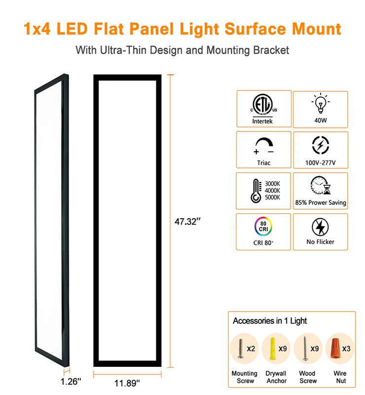 Wholesale 1x4 LED Flat Panel Light Surface Mount, Triac Dimmabl, Black