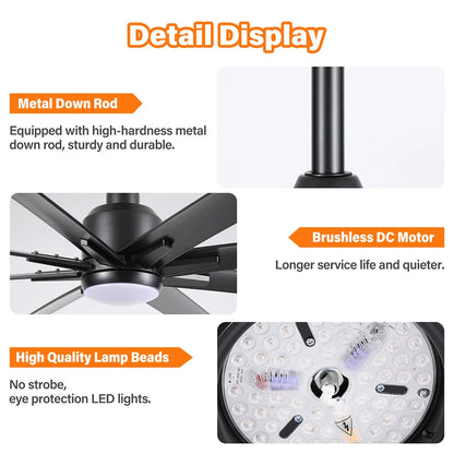 ComiLED 72 Inch Black Ceiling Fan with Light and Remote