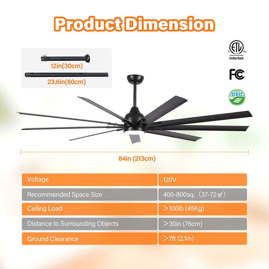 ComiLED Large 84 Inch Ceiling fan with Light & Remote