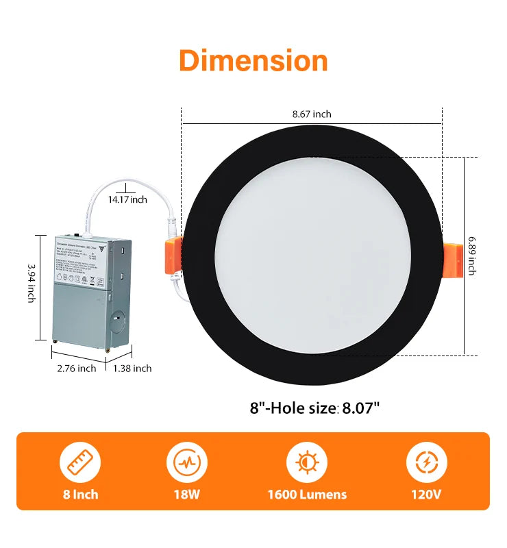 ComiLED 8 Inch Black Canless Recessed Lighting 12-Pack