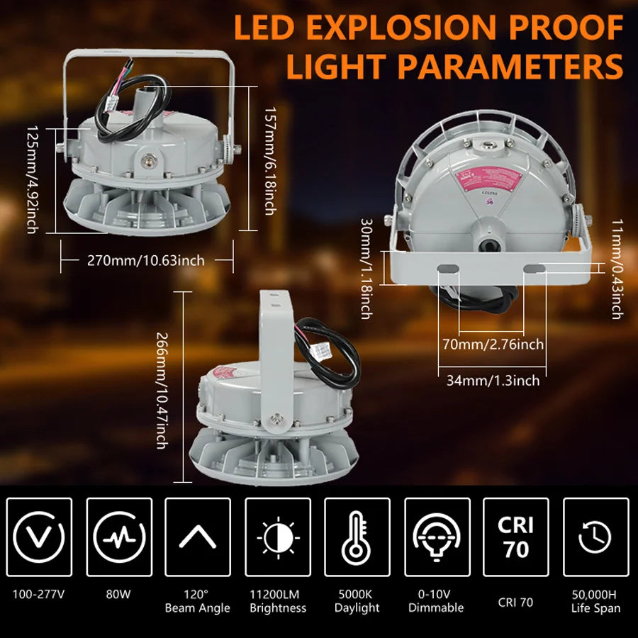 ComiLED 80W Round LED Explosion Proof Light, Class I Division 2, 11200LM