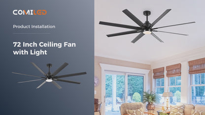 ComiLED 72 Inch Black Ceiling Fan with Light and Remote