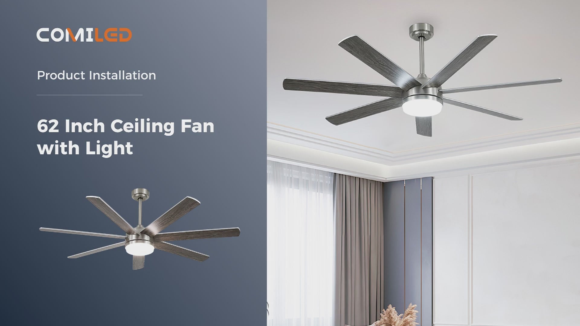 ComiLED 62 Inch Brushed Nickel Ceiling Fan with Light